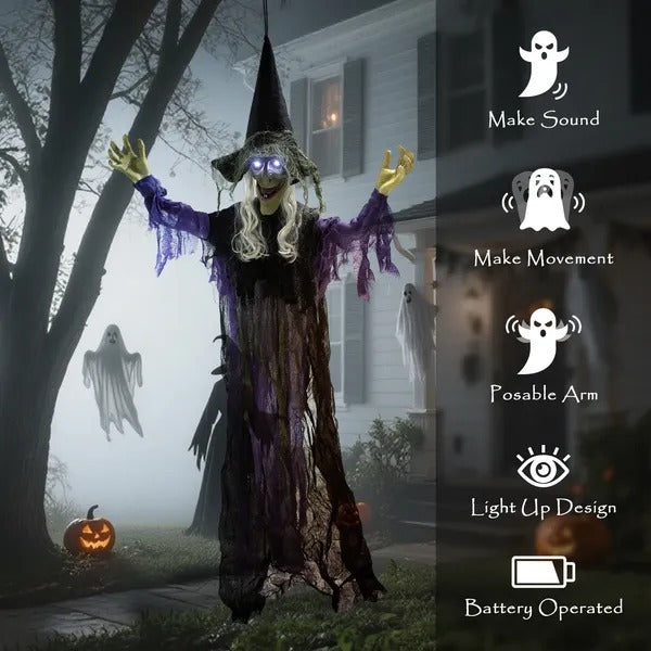 Life Size Halloween Animated Hanging Witch With Glowing LED Eyes, Scary Halloween Decorations, Battery Operated EX-STOCK Canada 