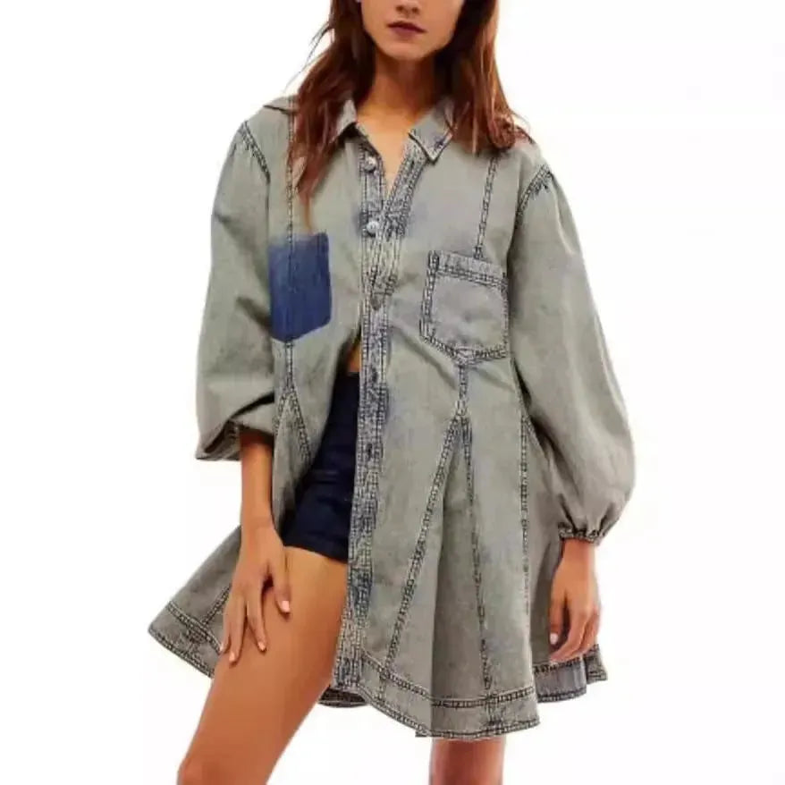 Women's Long Lantern Sleeve Button Denim Dress - EX-STOCK CANADA