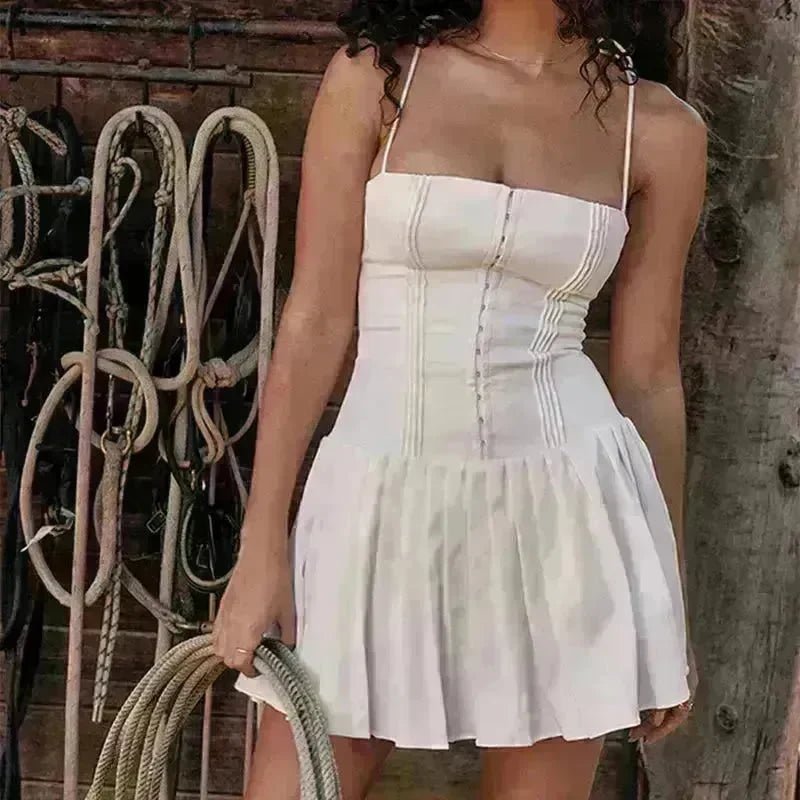 Summer Strappy Suspender Corset Dress French Style Slim Single Breasted Bodycon Pleated Skirt Party Dresses For Women Mini Skater White Dress for Chic Ladies - EX-STOCK CANADA
