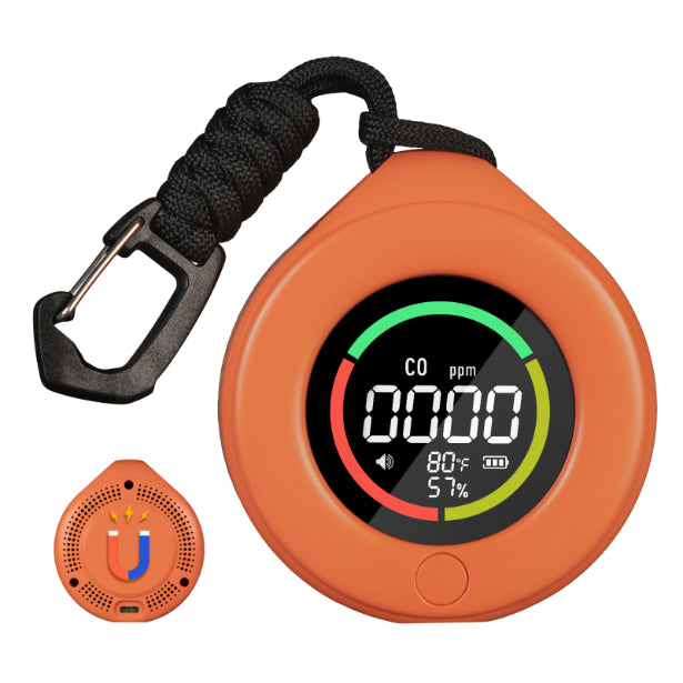 Orange digital CO2 monitor with a carabiner on a white background