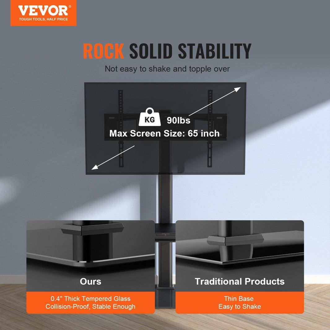 TV Stand Mount, Swivel Tall TV Stand For 32 To 65 Inch TVs, Height Adjustable Portable Floor TV Stand With Tempered Glass Base For Bedroom, Living Room EX-STOCK