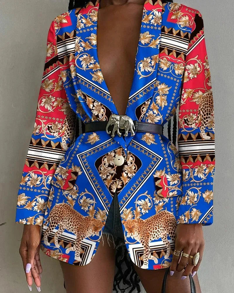 Fashion Printed Shawl Collar Single-breasted Belt Vintage Blazer Women - EX-STOCK CANADA