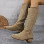 Women's Retro Pointed Toe Chunky Heel Solid Color Side Zipper Mid-calf Cowboy Boot - EX-STOCK CANADA
