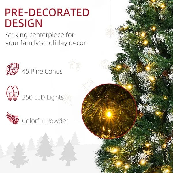 7.5' Decorated Christmas Trees, Skinny Prelit Artificial Christmas Tree With Snow-dipped Branches, Auto Open, Pinecones EX-STOCK Canada 