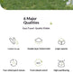 An infographic detailing the features of a four-wheel wheelchair or pram on a green grass background. The top section shows the black wheels on the grass, and the bottom section is a white panel with icons and text highlighting '6 Major Qualities' including foldable storage, double-layer oxford cloth, large capacity, four-wheel quick release, front wheels swivel, and high load bearing.