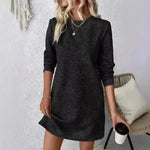 Casual Fashion Plain Round neck Long Sleeve Cashmere Mini Jumper Dress - EX-STOCK CANADA
