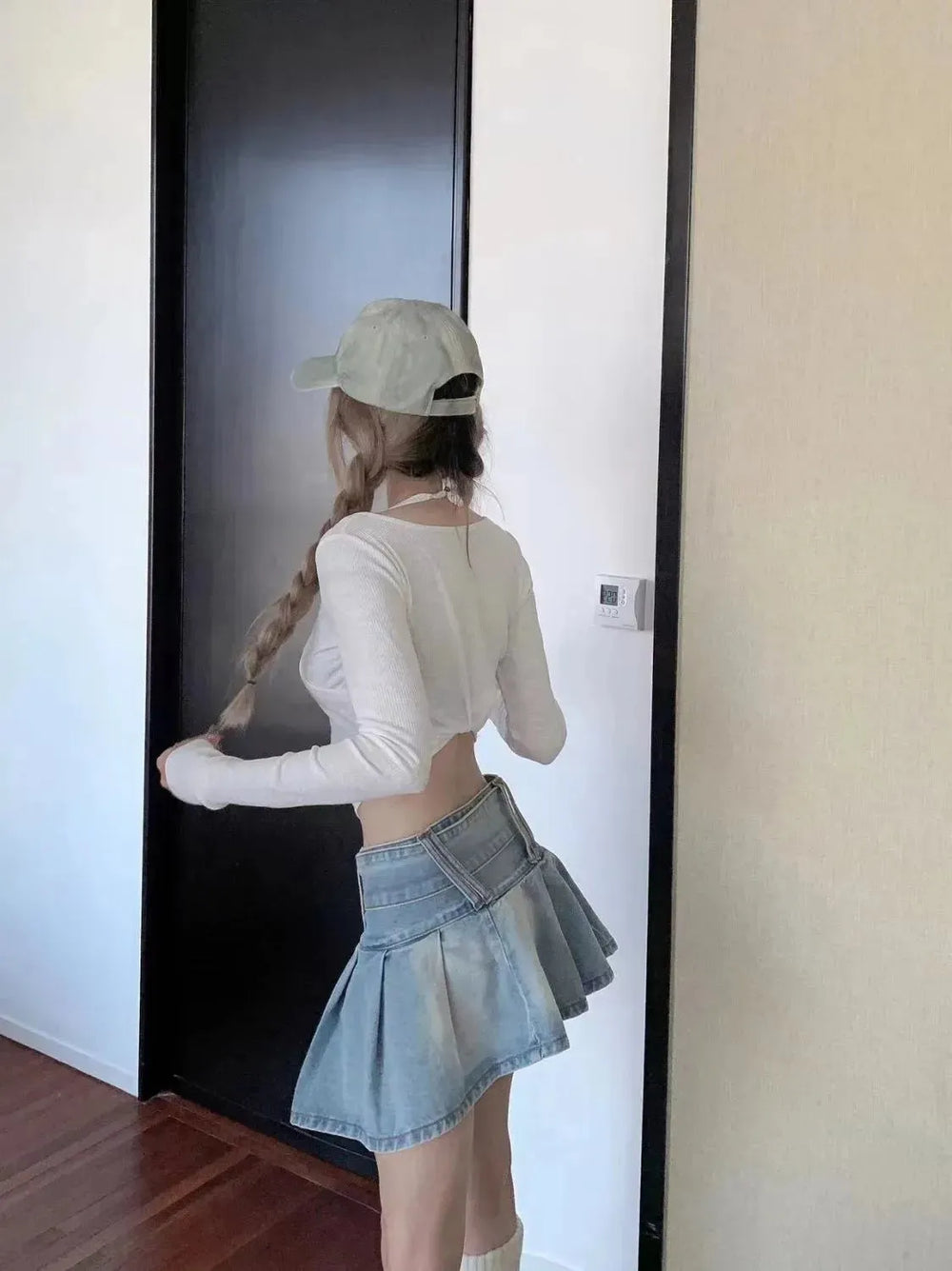 High Waist Slimming Denim Pleated Mini Skirt - EX-STOCK CANADA