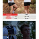 A composite product listing image showing a running backpack worn by a male runner in forest trails, with front and back views, size information, and close-up detail panels. The image includes a red header and measurement overlay.