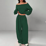 Women's Multi-Colour 2-Piece Off-Shoulder Loungewear Set, Cropped Long-Sleeve Top and Wide-Leg Pants, S–2XL