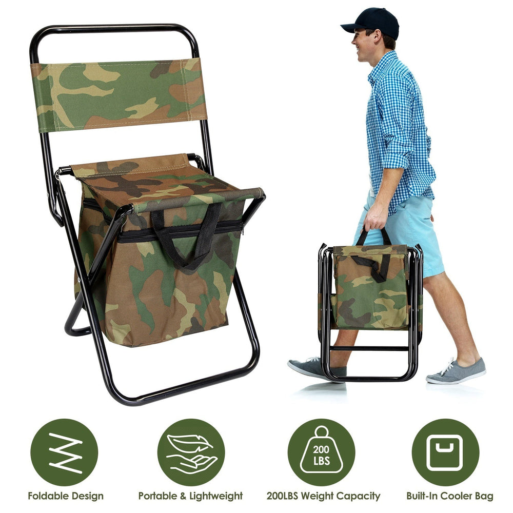 Foldable Fishing Chair With Backrest Built-In Cooler Bag Portable Handle Outdoor Lightweight Fishing Stool For Camping Hiking Hunting EX-STOCK