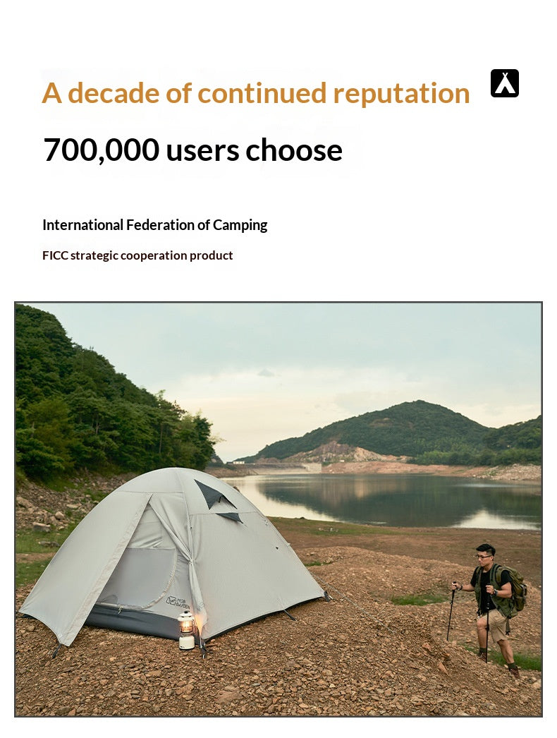Promotional graphic for International Federation of Camping (FICC) featuring a gray dome tent pitched by a lake with a hiker nearby, above the text 'A decade of continued reputation' and '700,000 users choose'.