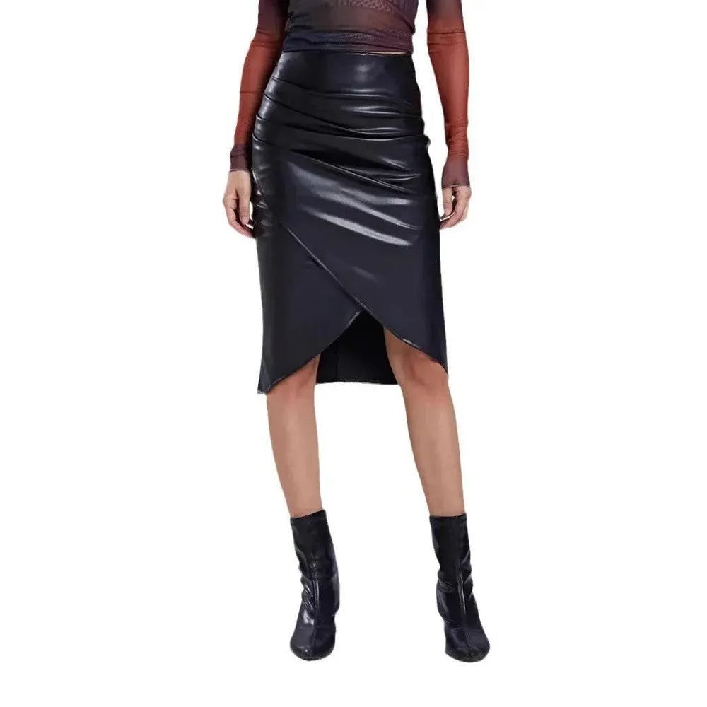 Front Split Leather Skirt Formal Office Work High Waist Sheath midi black Skirt - EX-STOCK CANADA