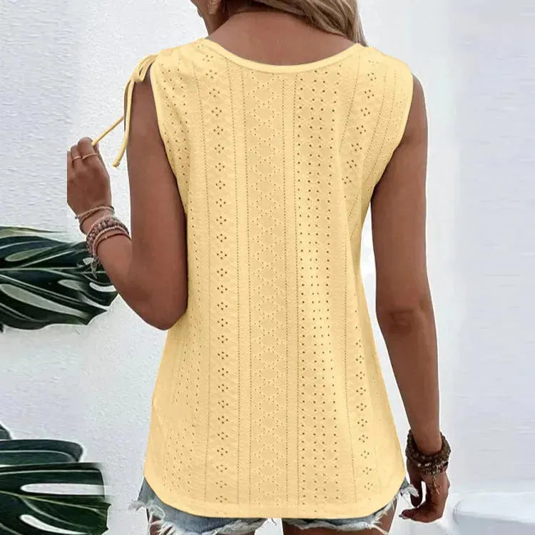 Casual summer U-neck Vest Women Shoulder With Bow Tie Summer blouse top