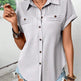 Lapel Shoulder Pleated Pocket Short Sleeve Top Shirt T-shirt Women - EX-STOCK CANADA