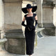 Women's Black Square Neck Midi Wrap Dress with Opera Gloves – Elegant Slim Fit 6