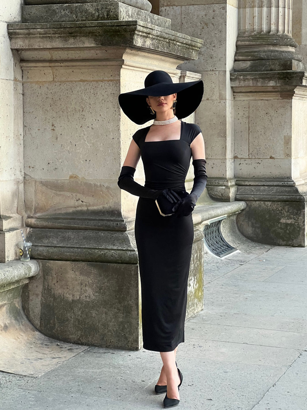 Women's Black Square Neck Midi Wrap Dress with Opera Gloves – Elegant Slim Fit 6