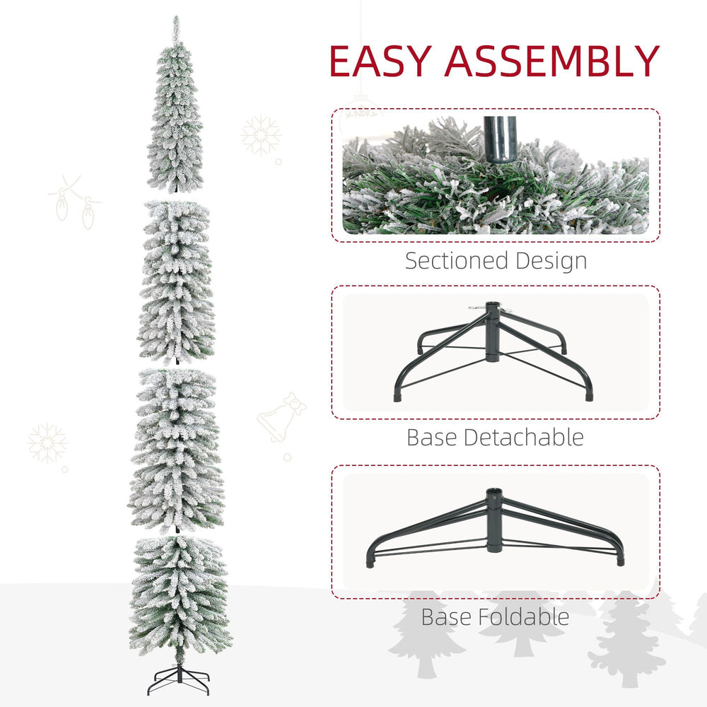 9ft Snow-Flocked Artificial Christmas Tree, Slim Pencil Xmas Tree With 714 Realistic Branches, Metal Base, Green EX-STOCK Canada 