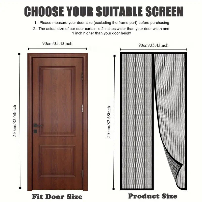 Measurement chart for door size and magnetic screen door dimensions.