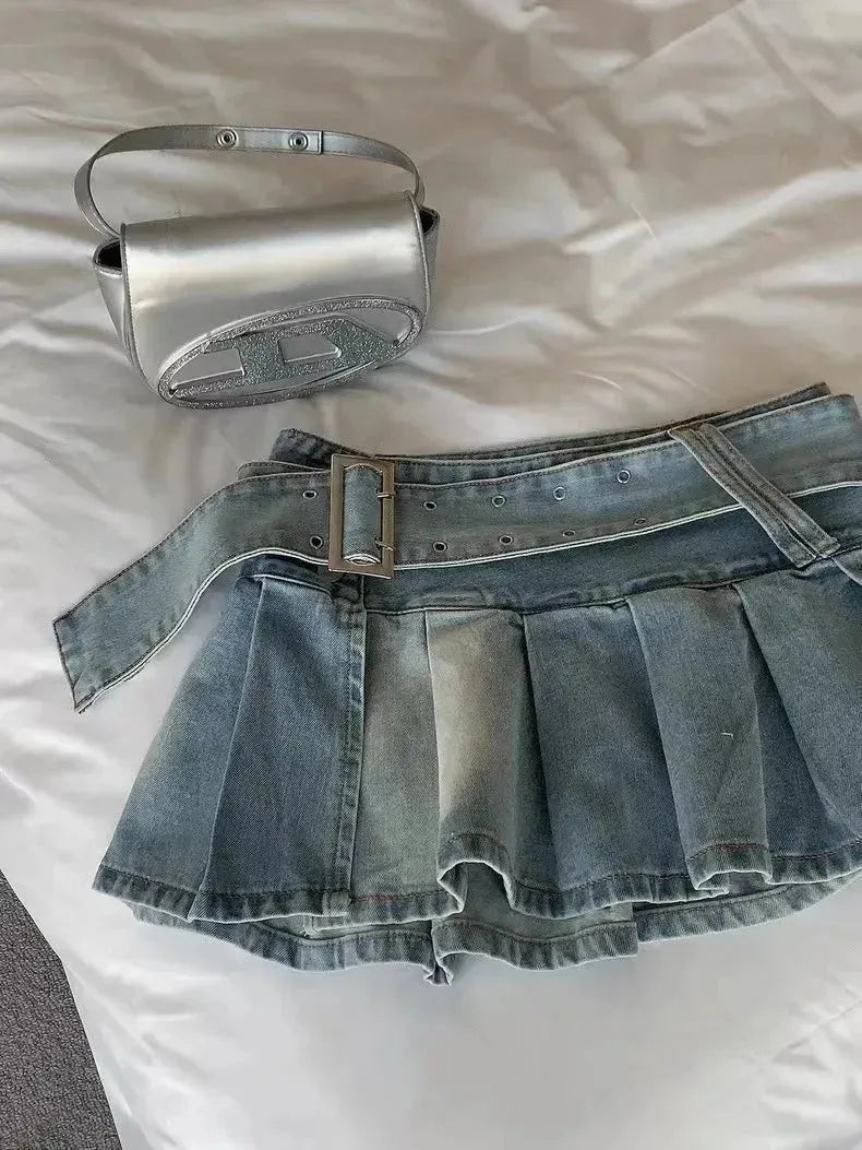 High Waist Slimming Denim Pleated Mini Skirt - EX-STOCK CANADA