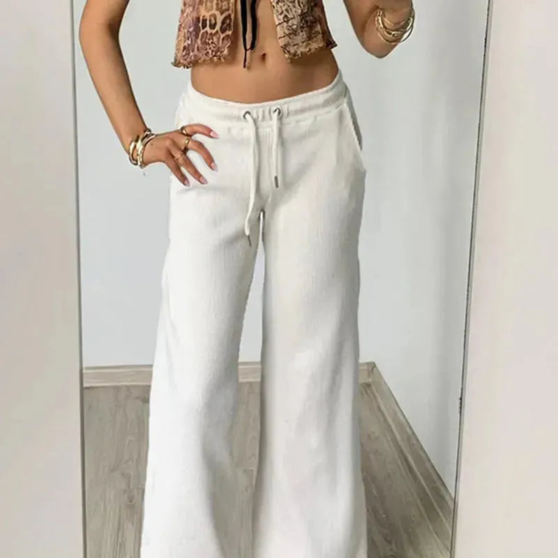 Pure Color Minimal Versatile Sports Style Low Waist Lace-up Draping Mop Straight-leg Trousers - EX-STOCK CANADA