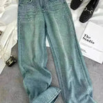 Starry Diamond In The Debris Rhinestone Straight Baggy Jeans Pant For Women - EX-STOCK CANADA