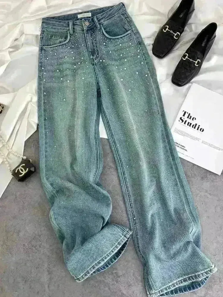 Starry Diamond In The Debris Rhinestone Straight Baggy Jeans Pant For Women - EX-STOCK CANADA