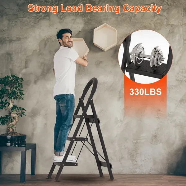 3-Step Folding Ladder, 330lbs Load Capacity, Lightweight 6.94lbs With 1.57in Folding Width, Heavy Duty Steel Construction, Non-Slip Pedals & Feet, Safety Lock, Multi-Use For Home Kitchen Living Room EX-STOCK