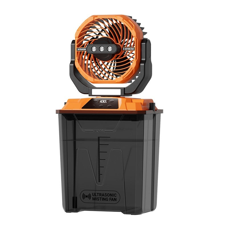 Orange and black ultrasonic misting fan on a white background