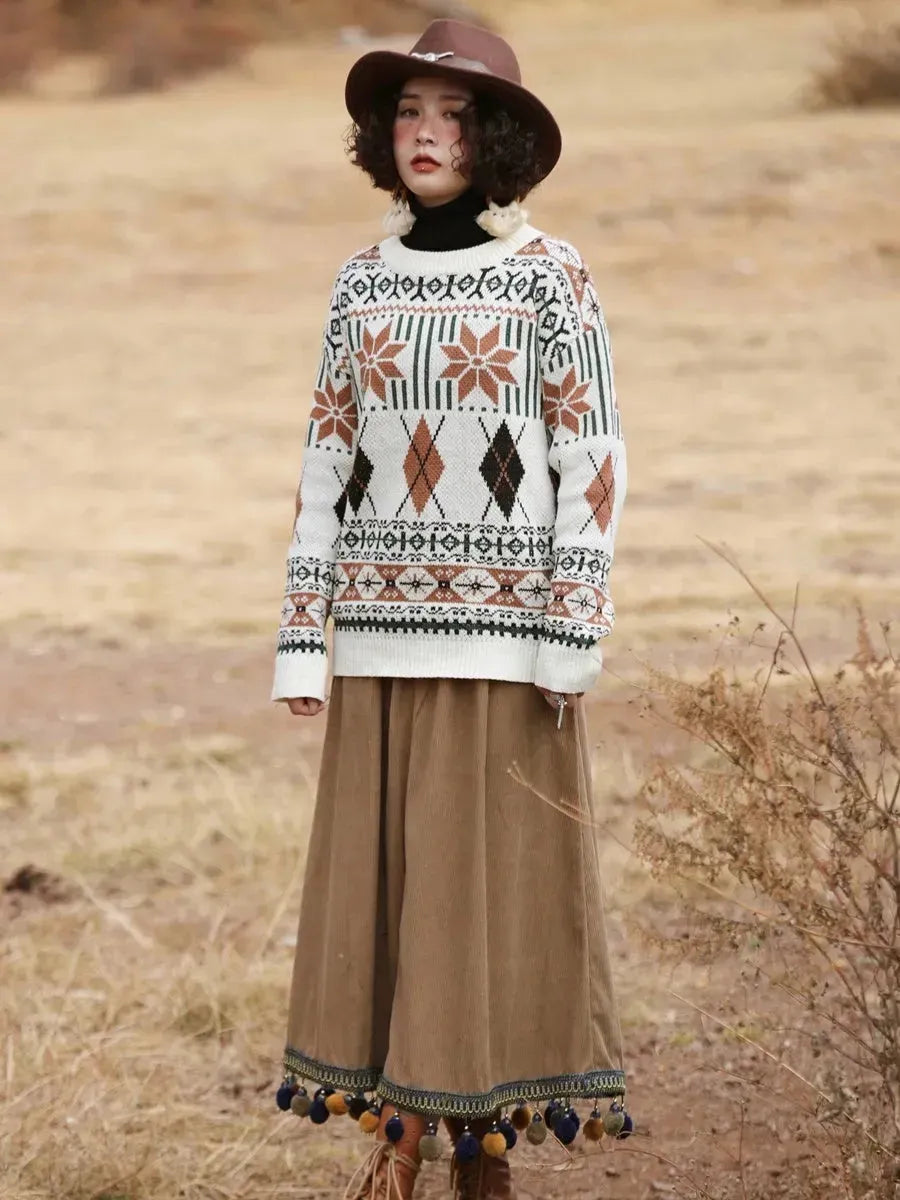 Corduroy Ethnic Style Fur Ball Stitching Brown High Waist Tassel Versatile Maxi Skirt - EX-STOCK CANADA