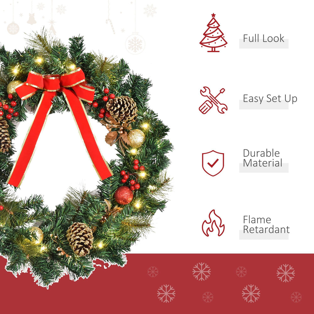 Christmas Wreath Pre-Lit Artificial Greenery Xmas Spruce Wreath Cones Red Berries 20 LED Lights Battery Operated EX-STOCK Canada 