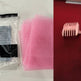 Pink bath sponge and hairbrush set with packaging on a white background