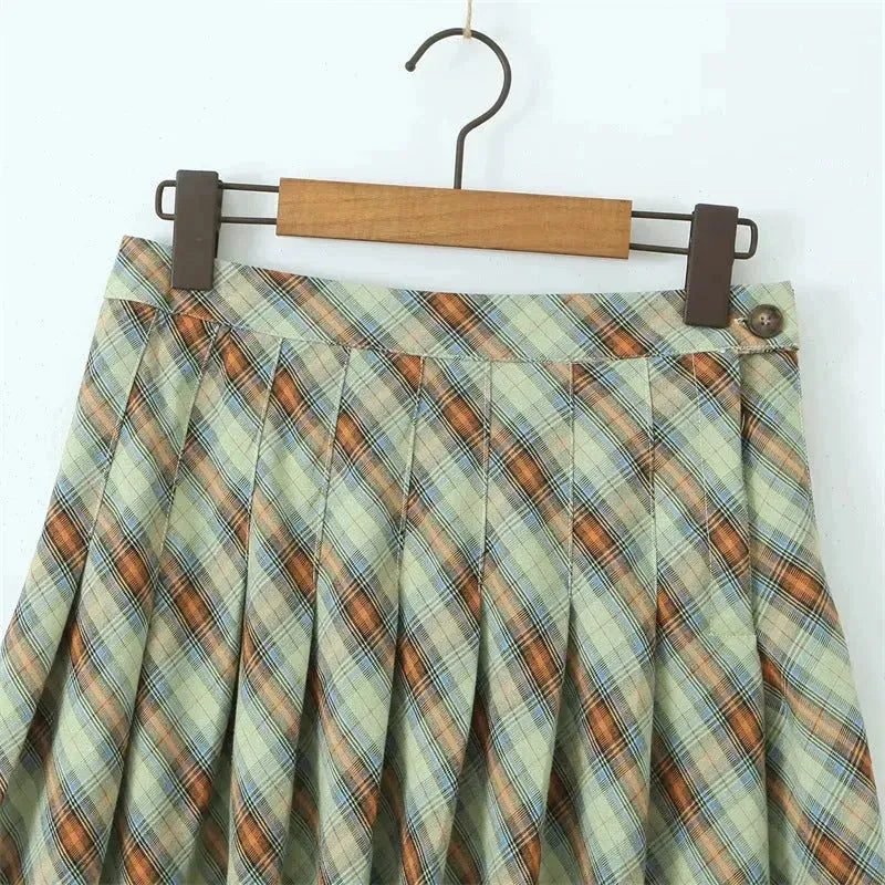 American Retro Low Waist Navel Plaid Pleated Long Skirt Women - EX-STOCK CANADA