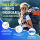 Woman wearing outdoor hiking goggles with text highlighting features on a blue and green background