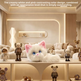 A fluffy cream-white cat with pink ears and bright blue eyes sits centered on a lit shelf in a warm beige living room, surrounded by small toy figures. Promotional text appears at the top.