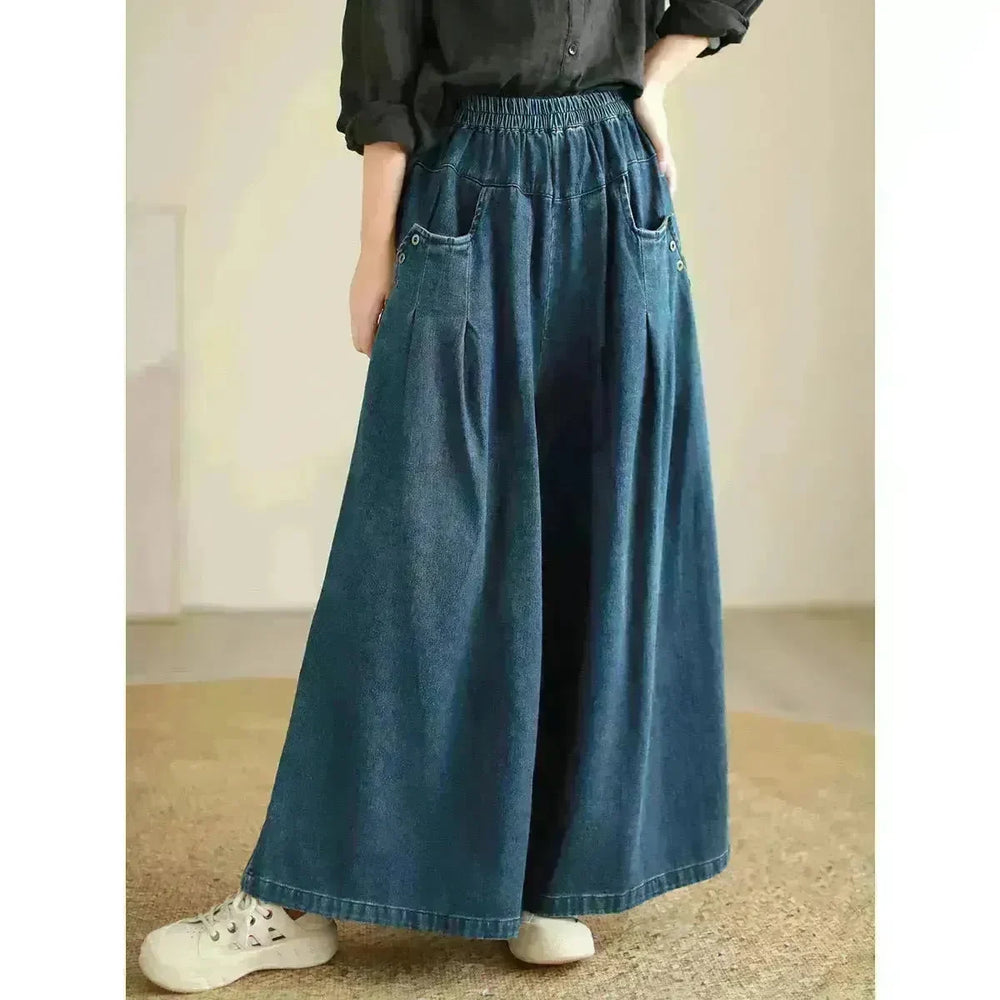 Wide-leg Baggy Jeans Pant Elastic Waist Washed Wear-white Loose Slimming And All-matching Trousers For Women - EX-STOCK CANADA