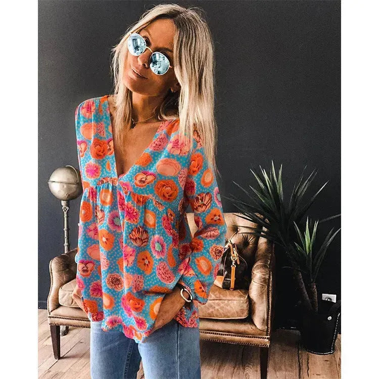 Women Casual Spring Summer New Style Blouse top Printing V-Neck Long-Sleeved - EX-STOCK CANADA