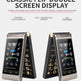 Two MAFAM flip phones with dual screen display on a white background
