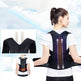 Woman wearing a black posture corrector with inset images showing its design.