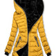 Yellow puffer jacket with black hood on a white background