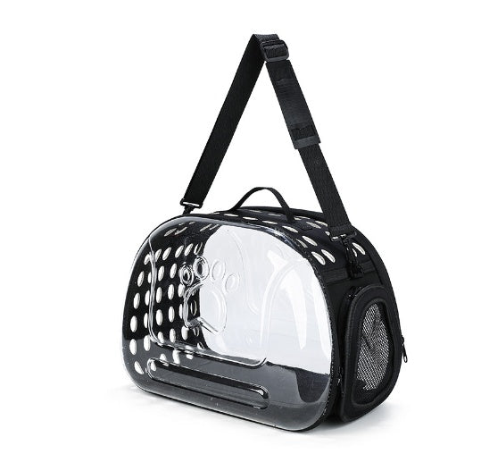 Black pet carrier with clear front on a white background