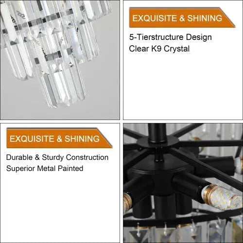 Large Black Crystal Chandelier, Contemporary Style Chandelier, Dining Room, Living Room, Bedroom - Bulb Not Included - EX-STOCK CANADA