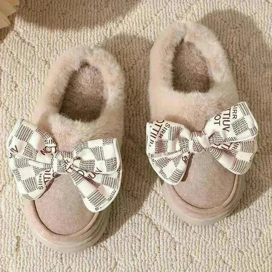 Cute Bowknot Plush Slipper Winter Warm Indoor Floor Bedroom Home Slippers For Women Fashion Thick-soled Solid House Shoes - EX-STOCK CANADA