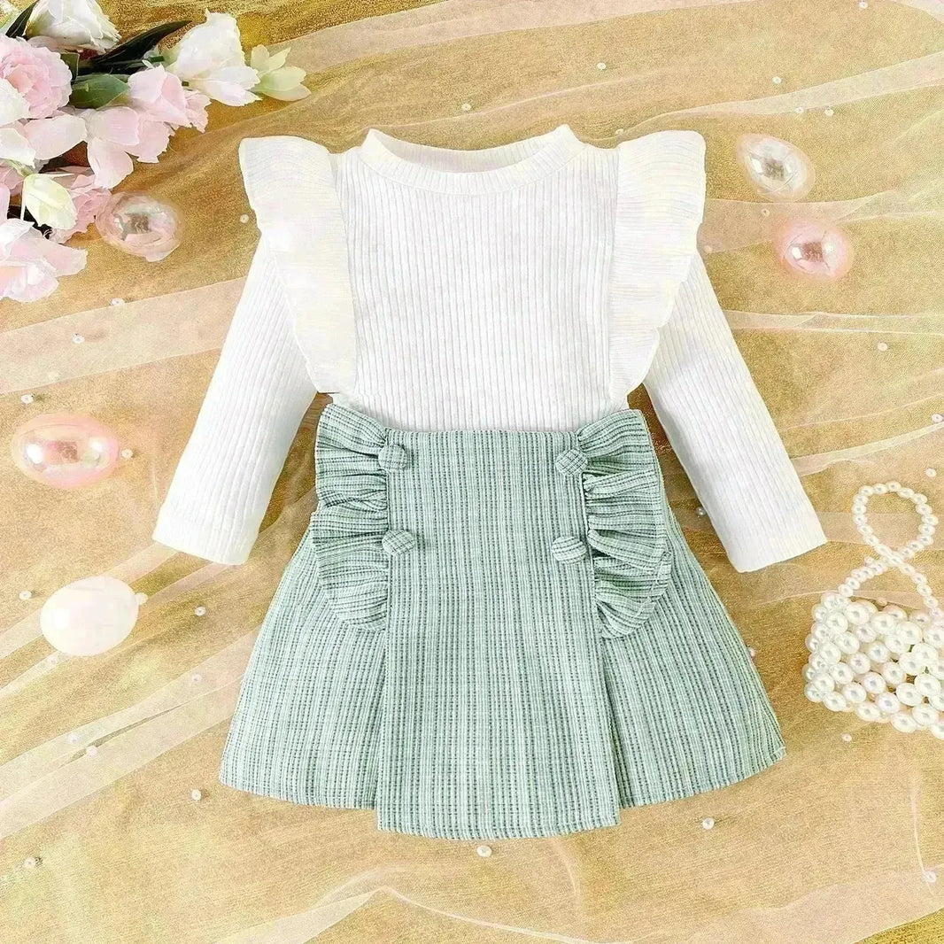Neonato bambina a bordo transfrontaliero a strisce affondate a maniche lunghe gonna corta in stile classico set a due pezzi per la bambina