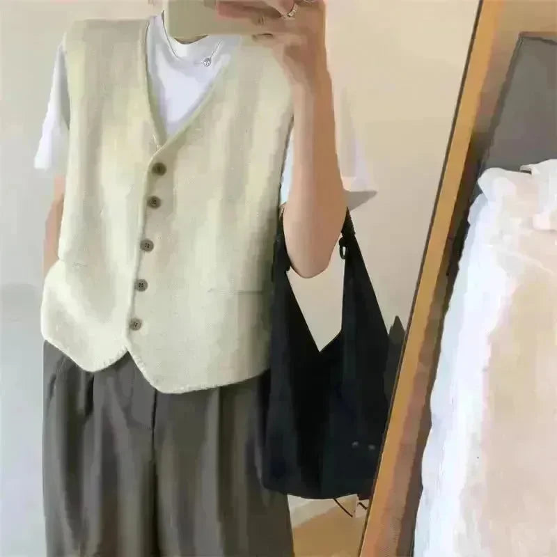Women Sleeveless V-neck Button Down Knitted Vest Cardigan - EX-STOCK CANADA