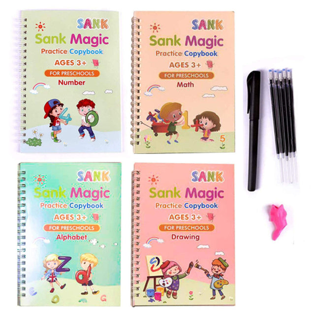 Set of Sank Magic Practice Copybooks for preschoolers with colorful covers and pens on a white background.