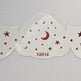 Three angel wing-shaped stickers with red stars and crescent moons on a gray background.