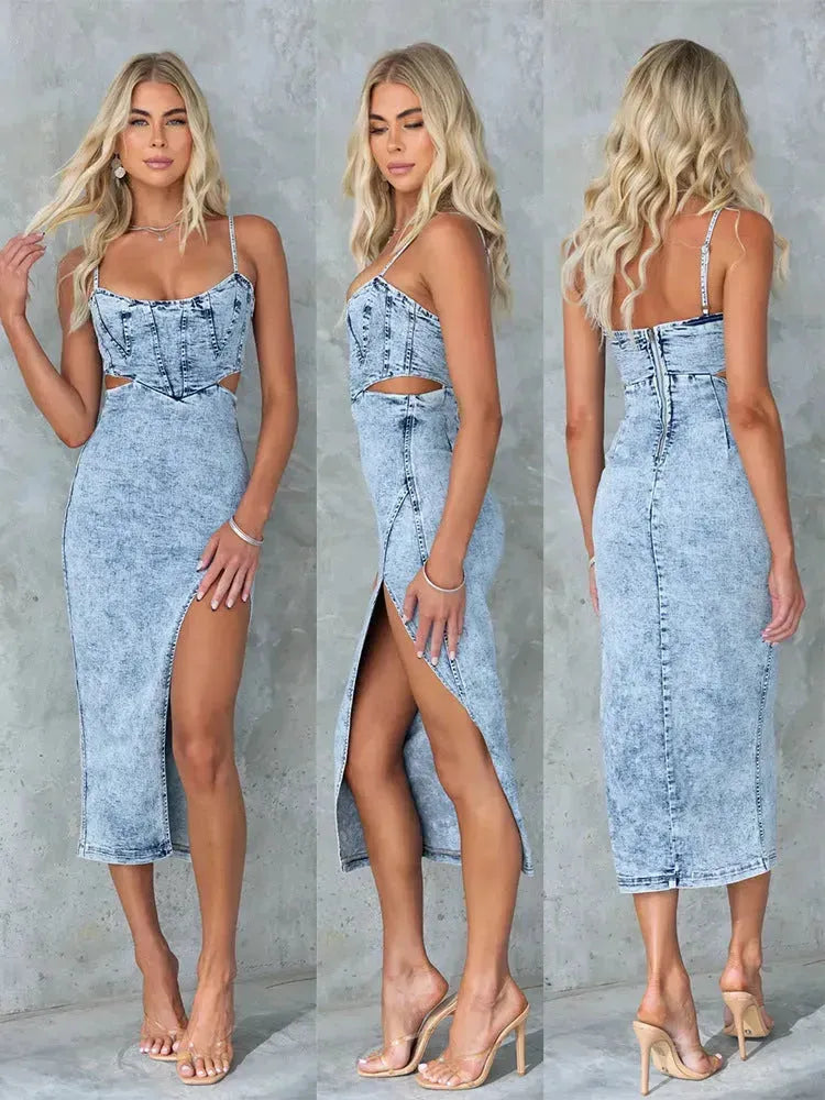Women's Fashion Personalized Sleeveless Sling Denim Split Midi fitted Dress - EX-STOCK CANADA