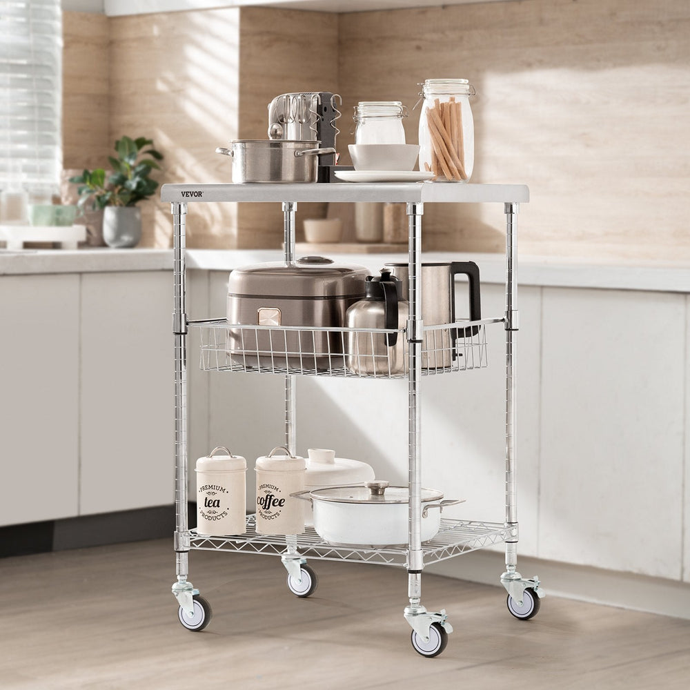 3-Tier Utility Cart Rolling Cart On Wheels 470 LBS 6 Hooks EX-STOCK