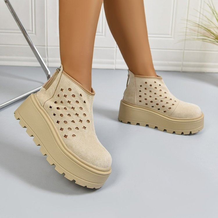 Stivaletti da donna con plateau traforati, zip posteriore, zeppa traspirante, stivaletti casual con suola chunky e tagli 
