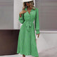 Women's Long Sleeve Midi Dress V Neck Button Down Belted A-Line Flowy EX-STOCK